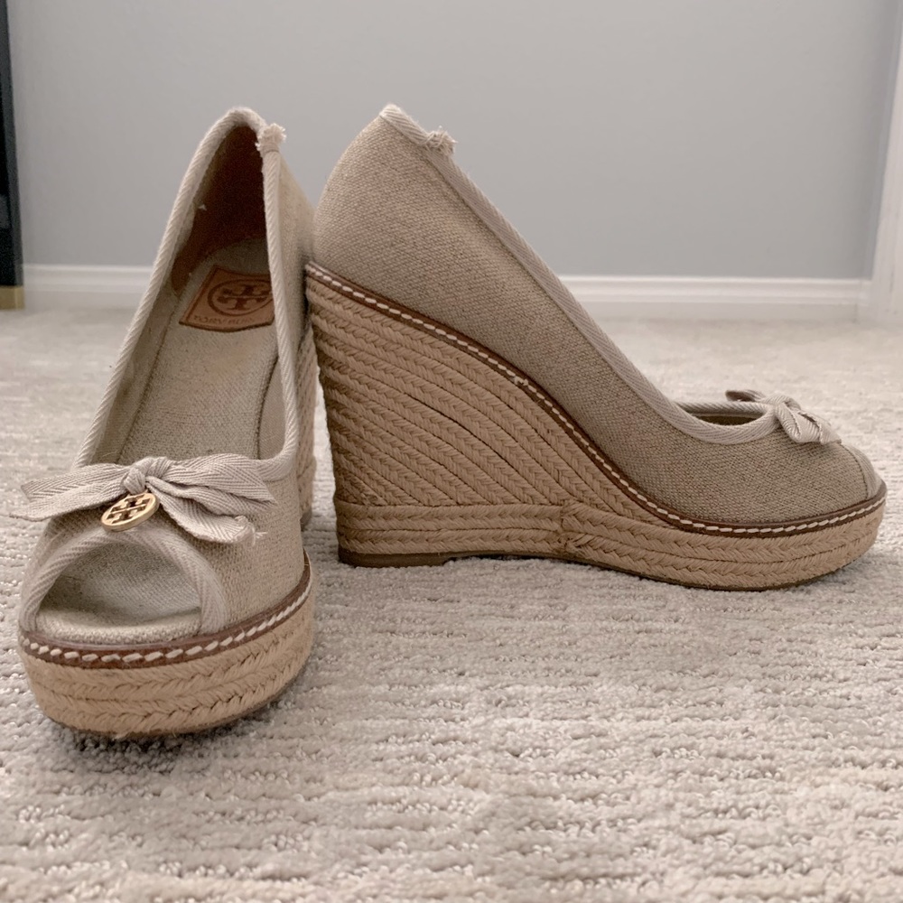 Tory Burch Neutral Canvas Espadrille Wedges